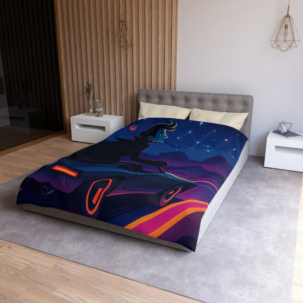 Housse de couette rétro avec constellations et voiture sous ciel étoilé et planète