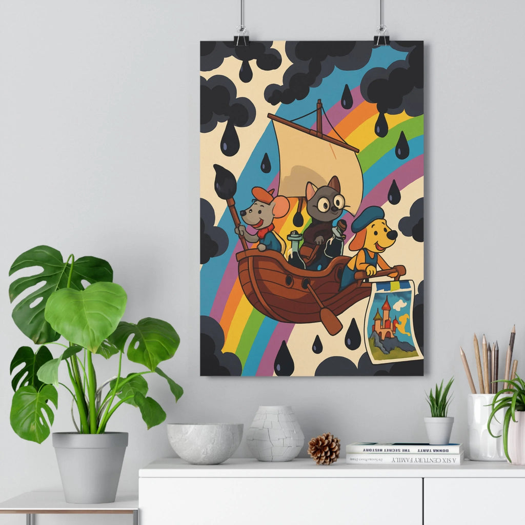 Poster décoratif cartoon coloré joyeux chat chien souris aventure créative salon chambre enfants unique