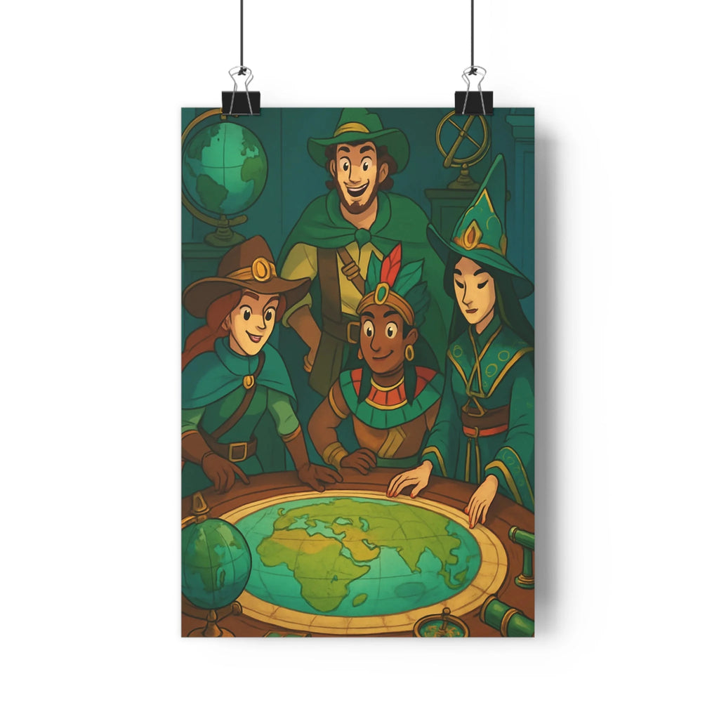 Poster décoratif aventure bleu vert cartoon explorateurs chambre enfant bureau découverte mystique 30x46 cm