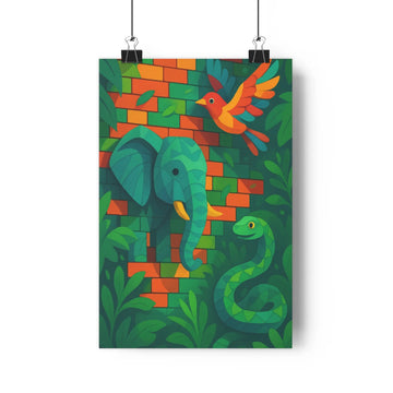 Poster vibrant éléphants serpents oiseau brique feuille verte rouge ambiance naturelle géométrique simple contour joyeux salon chambre