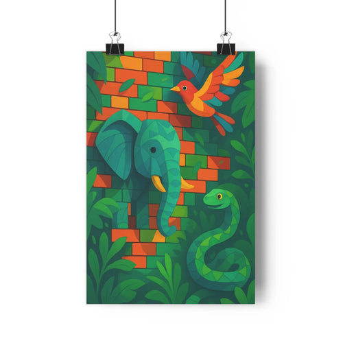 Poster vibrant éléphants serpents oiseau brique feuille verte rouge ambiance naturelle géométrique simple contour joyeux salon chambre