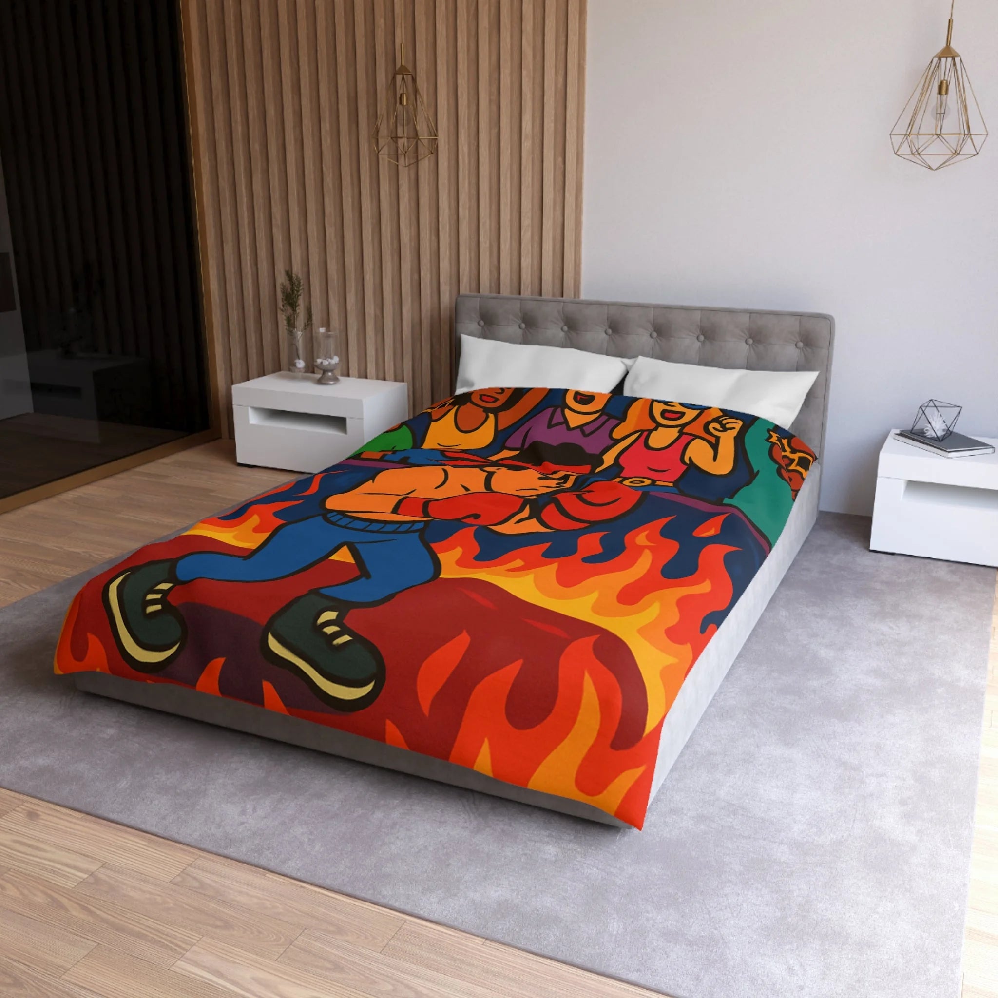 Housse de couette originale avec boxeur entouré de flammes et foule colorée