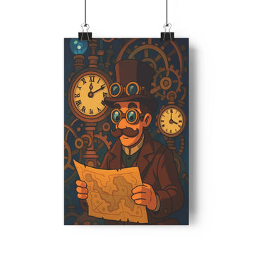 Poster steampunk aventurier costume lunettes horlogerie mécanique concentration industrie vintage couleurs chaudes détails exploration invention bureau chambre