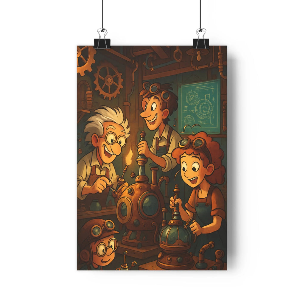 Poster décoratif steampunk cartoon brun bleu joyeux chambre enfant mécanique créatif inventif 30x46 ambiance