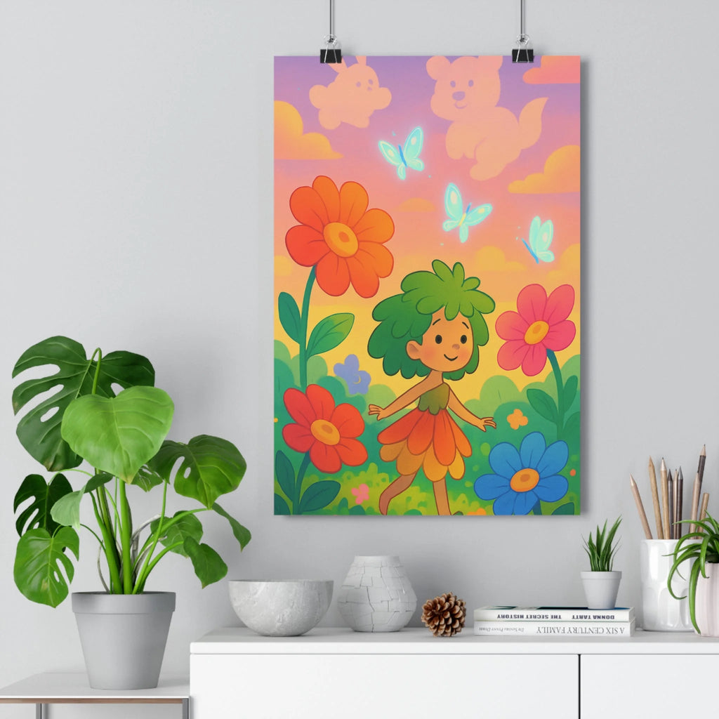 Poster féerique fleurs colorées personnage féminin champ nuages roses bleus papillons lumineux ambiance magique style cartoon couleurs vives joyeuse paix