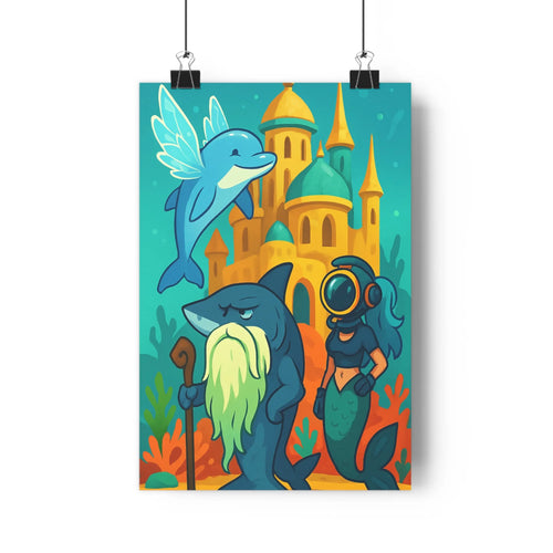 Poster fantastique dauphin volant château barbu sage sirène plongeur plantes aquatiques bleu vert doré cartoon magique chambre adolescente salon