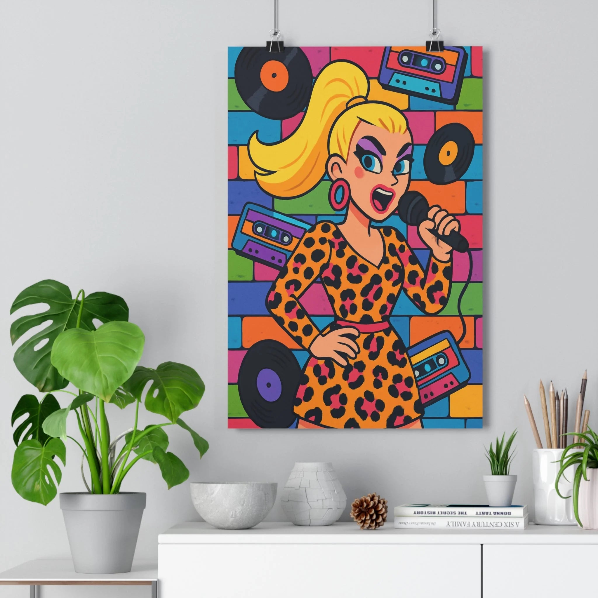Poster décoratif chanteuse années 80 léopard microphone vinyle rétro coloré vibrant salon chambre tendance