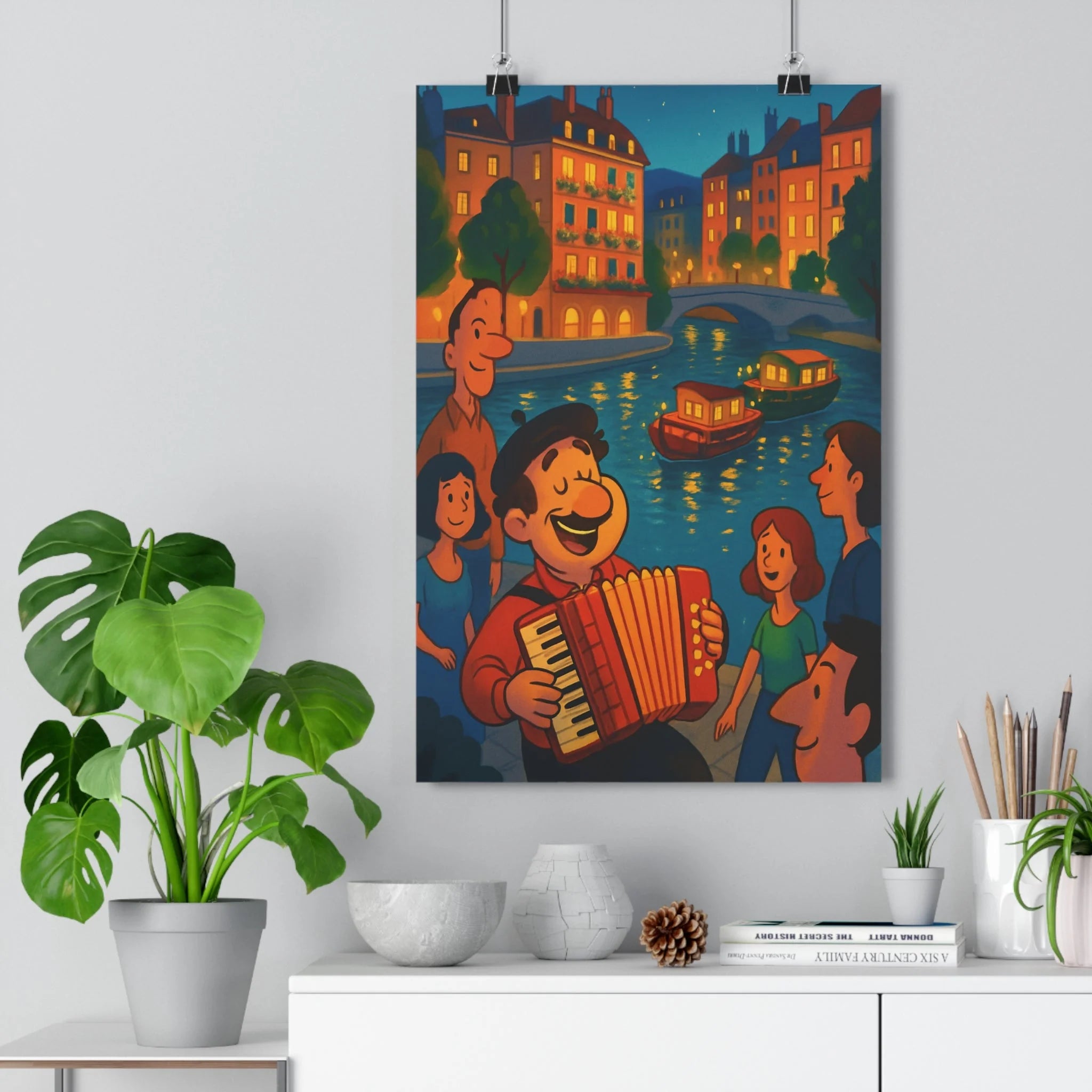 Poster décoratif coloré dessin animé joyeux nocturne salon chambre musique quai ville lumineux qualité