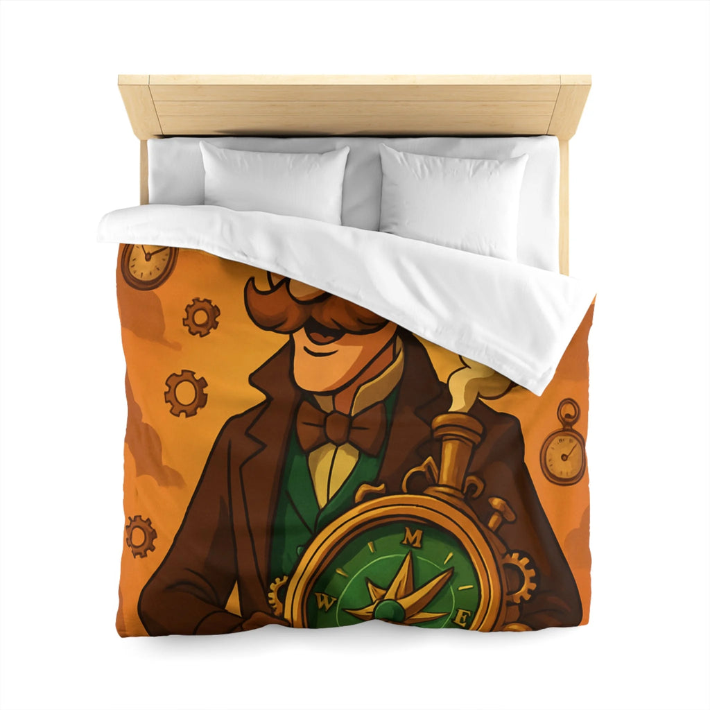 Housse de Couette Steampunk Vintage avec Boussole, Savant et Montgolfières sur Fond Sépia
