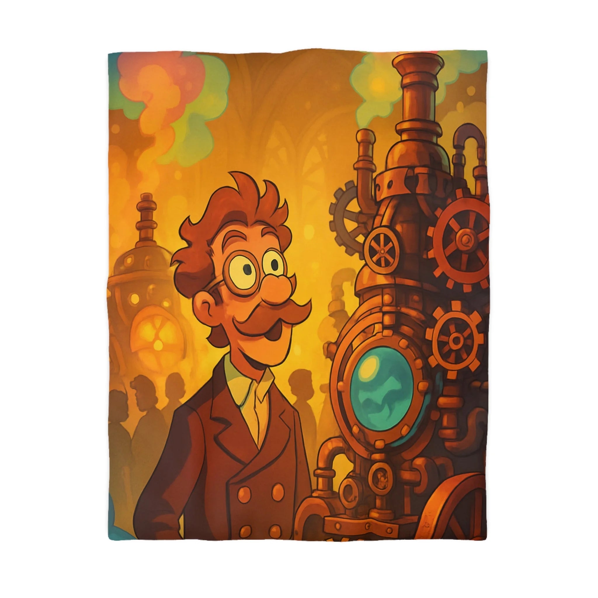 Housse de couette rétro steampunk avec inventeur et machine aux teintes cuivrées vives