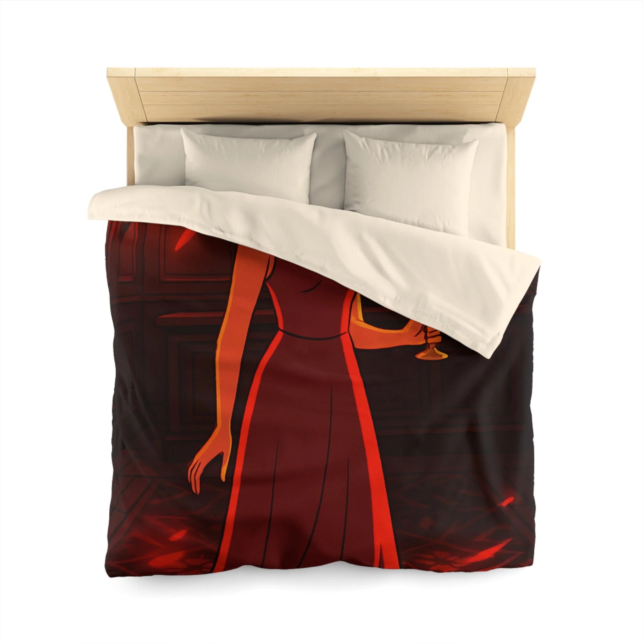 Housse de couette rouge élégante avec motif femme et reflets lumineux mystérieux
