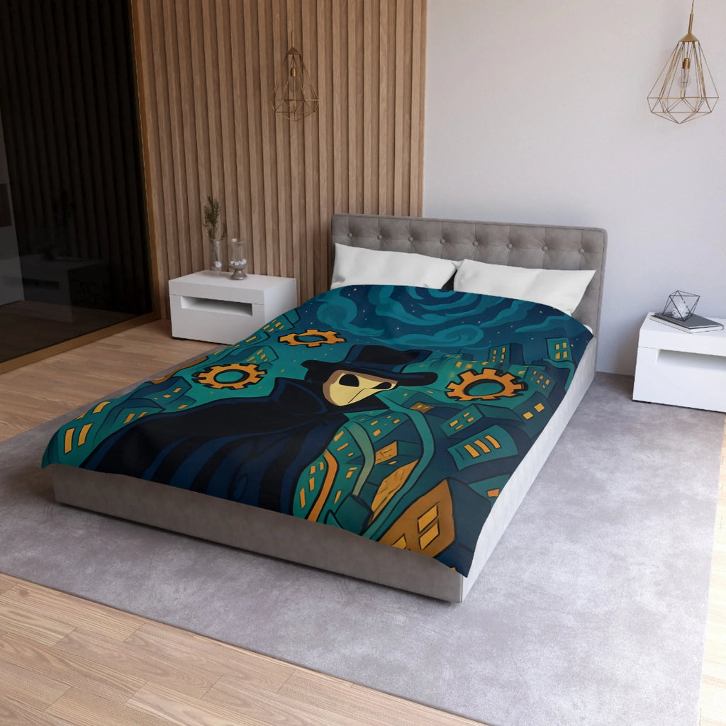Housse de couette mystérieuse avec personnage masqué, engrenages dorés et ville nocturne