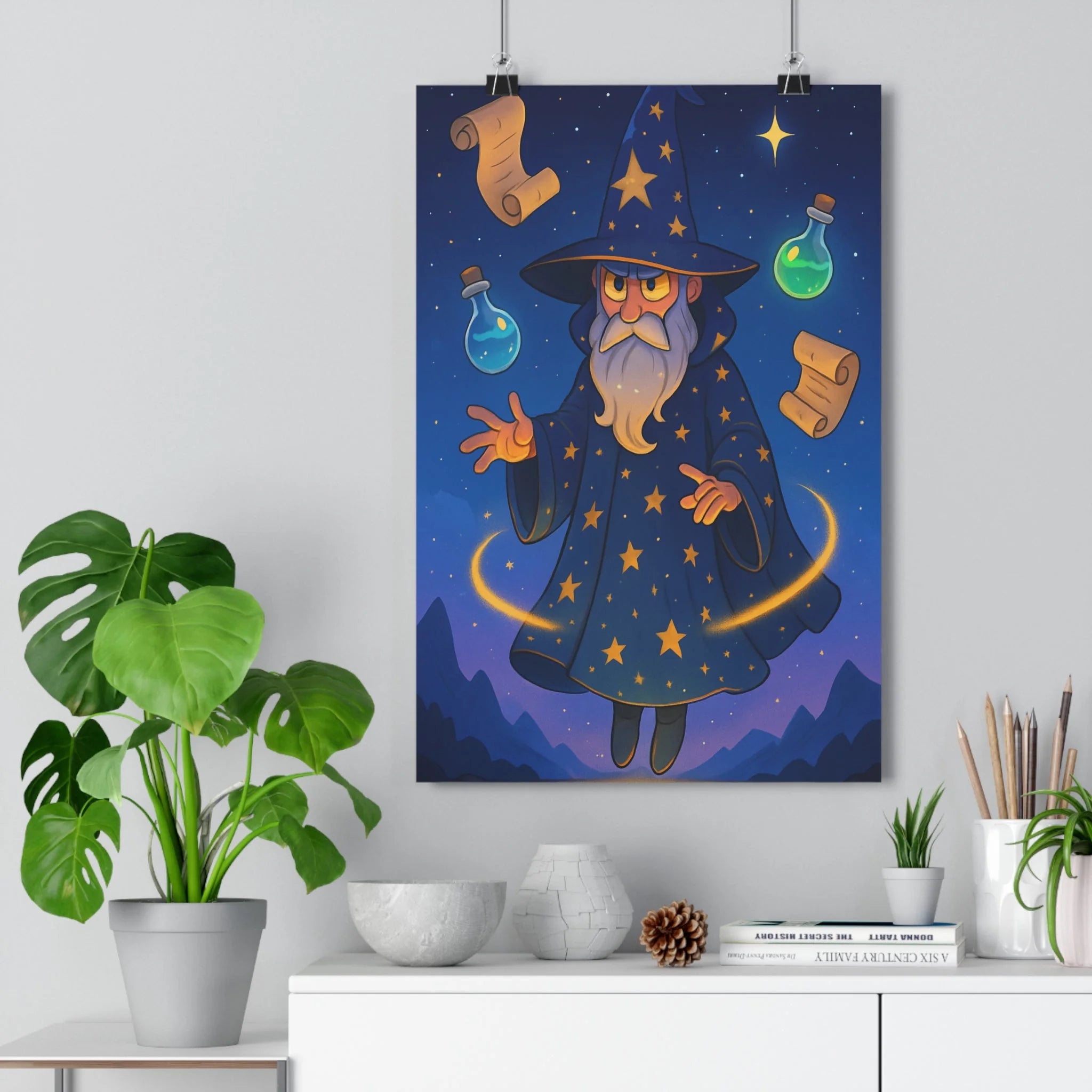 Poster décoratif sorcier mystérieux anime bleu jaune magique mystique chambre lecture art enchanteur ambiance
