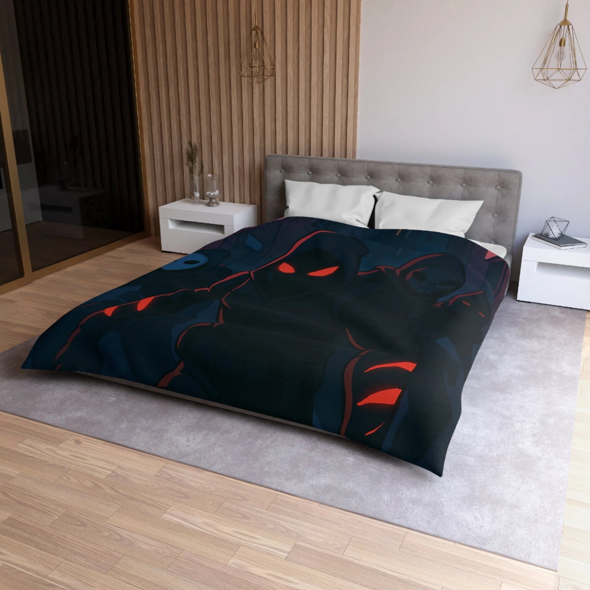 Housse de couette urbaine avec silhouettes mystérieuses et ambiance sombre néon