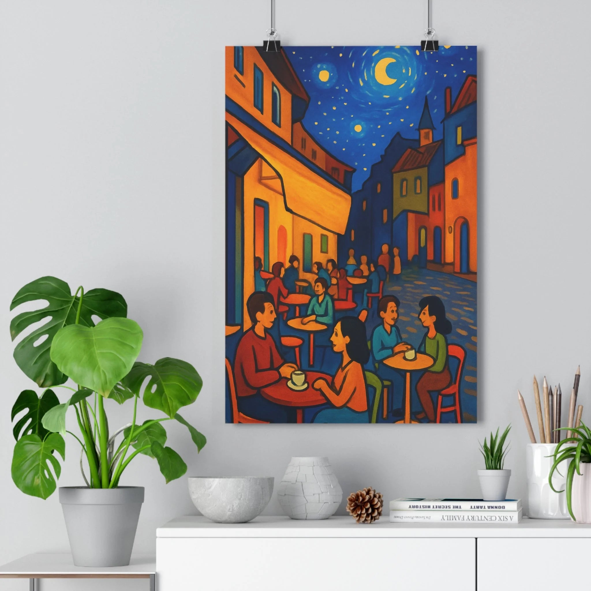 Poster décoratif café étoilé bleu orange dessin animé magique salon chambre ambiance chaleureuse soirée