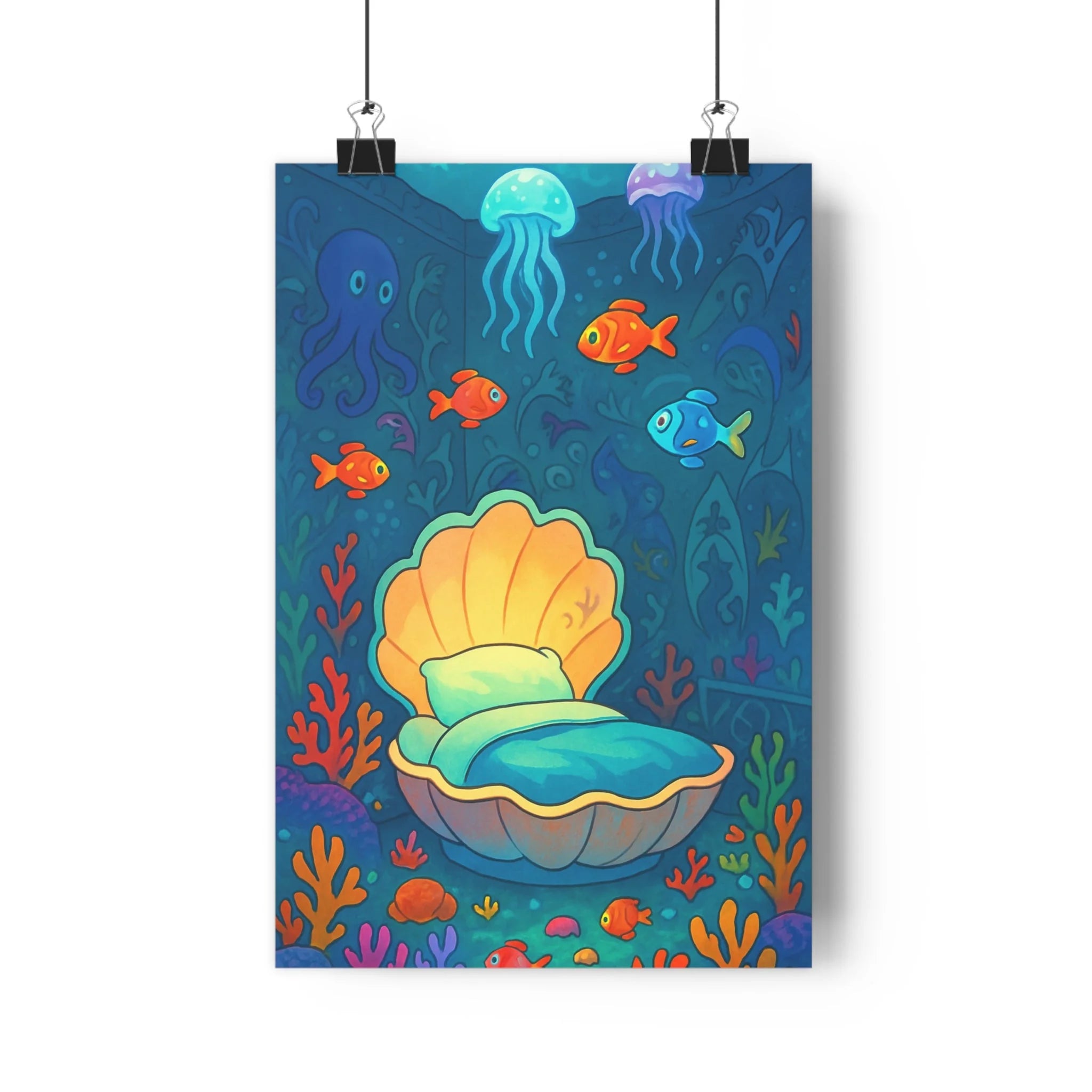 Poster décoratif chambre enfant féerique sousmarin bleu magique fantaisie coloré apaisant moderne 30x46 qualité