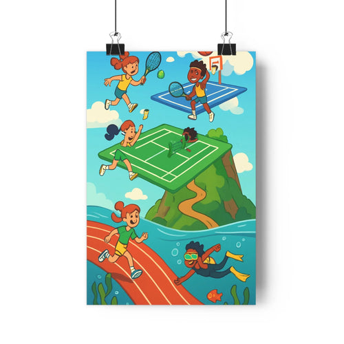 Poster sportif cartoon jeunes gens aventure island verte piste course terrain tennis basketball poissons sous marine ambiance joyeuse couleurs vives