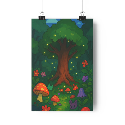 Poster foret enchantée arbre champignons fleurs lucioles contours net graphisme cartoon couleurs vives ambiance magique chambre enfants nature joyeuse