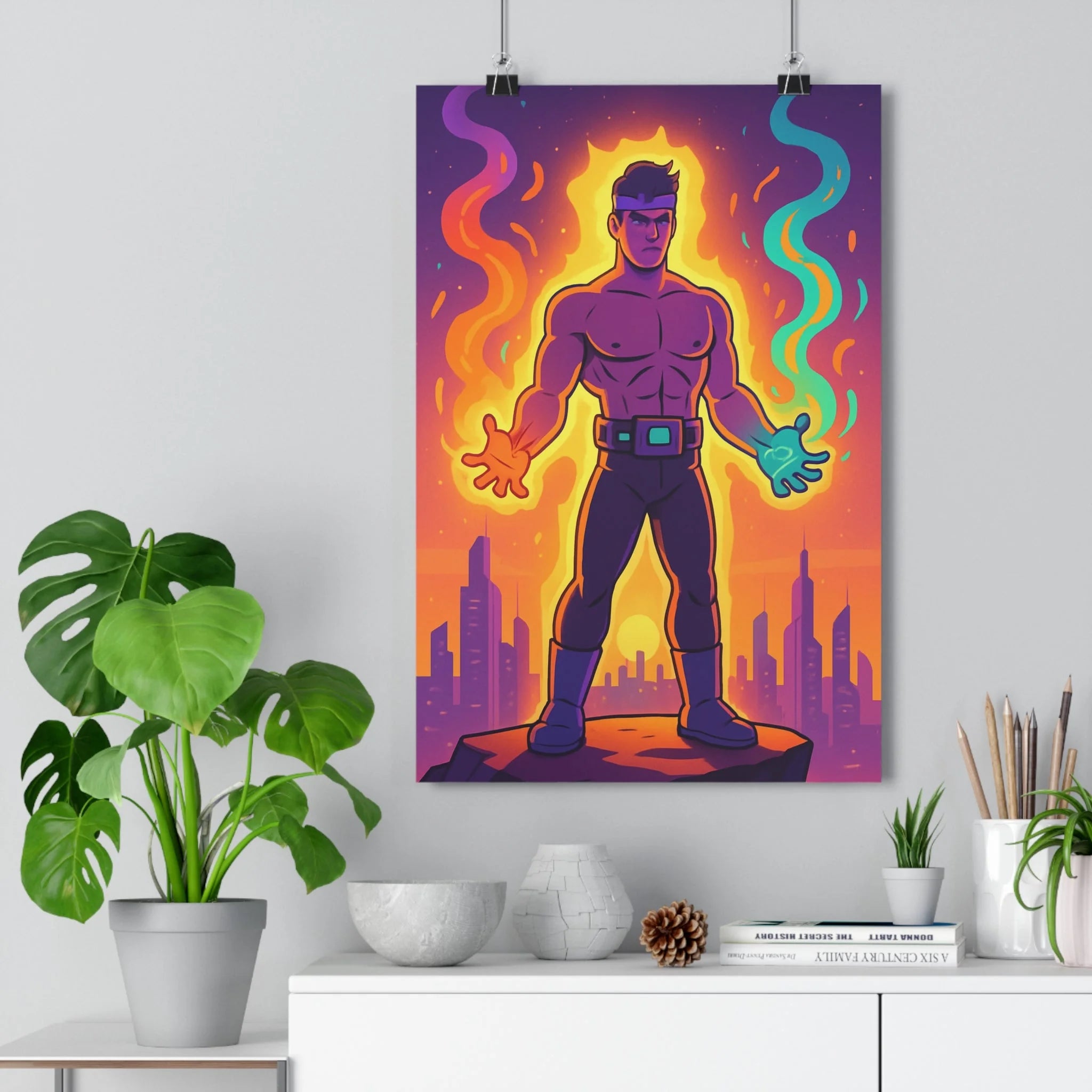 Poster décoratif animé violet orange turquoise puissant dynamique chambre salon 30x46 énergie personnage musclé