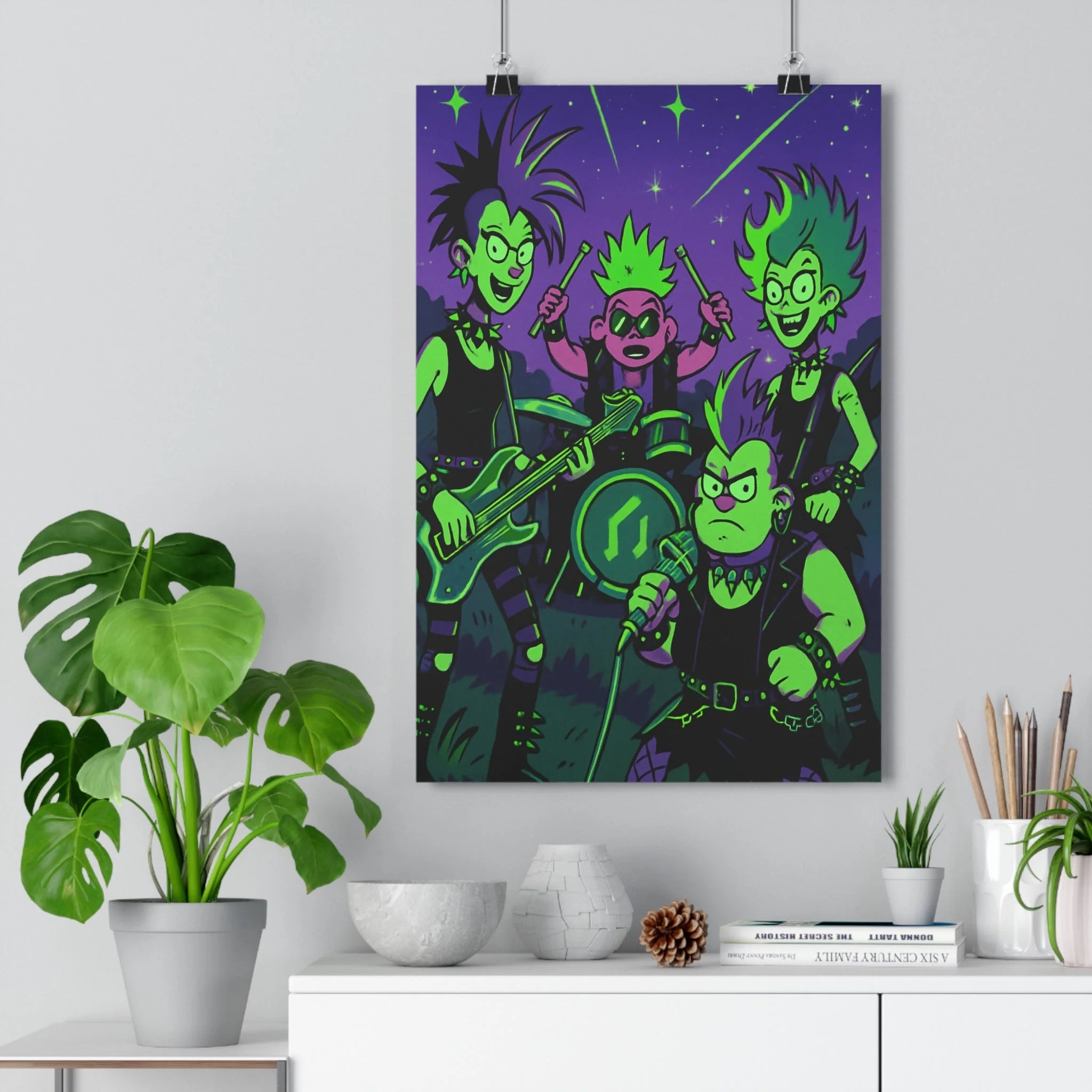 Poster décoratif moderne punk musiciens concert étoiles vert violet ambiance dynamique chambre aventureux qualité