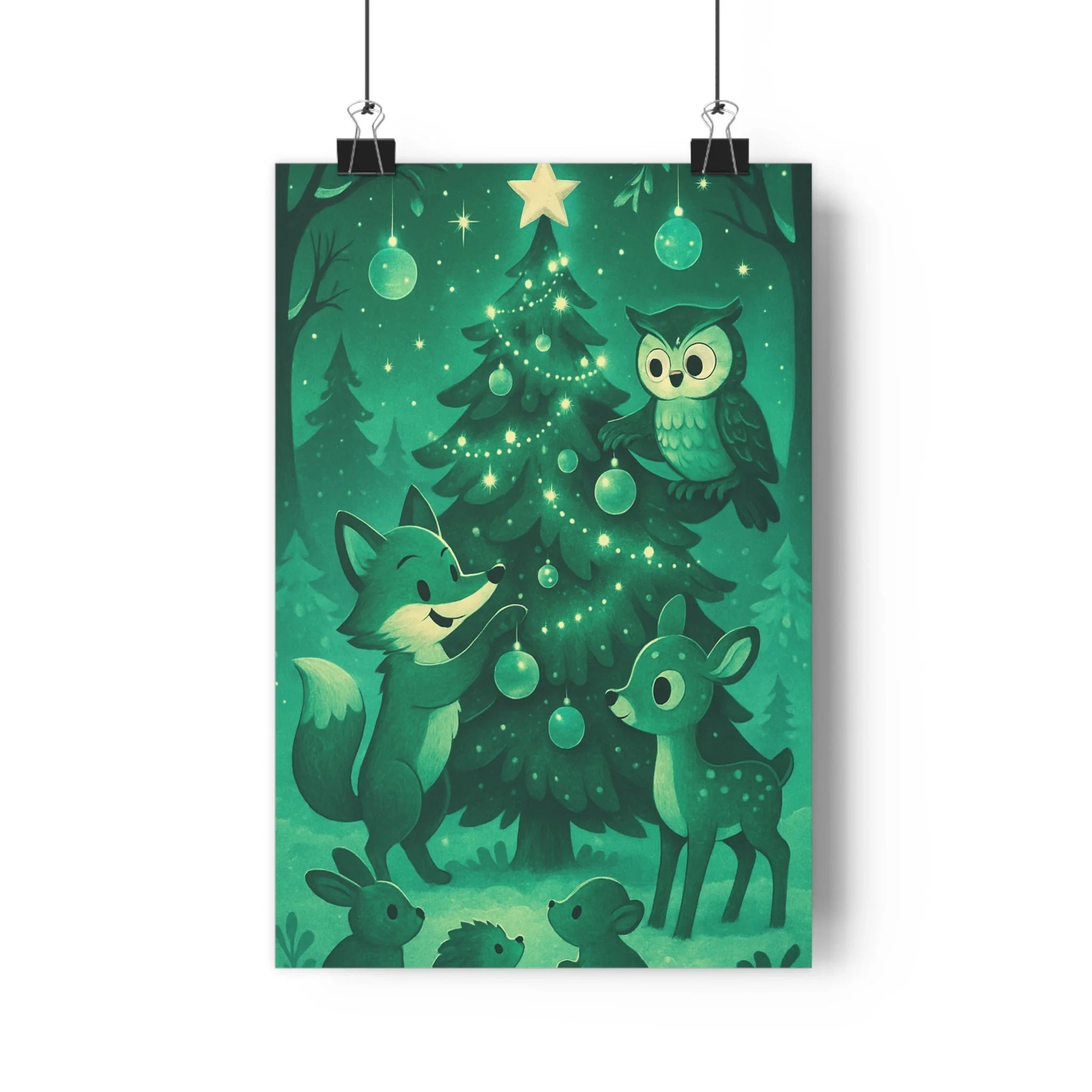 Poster décoratif forêt magique vert conte fées animaux joyeux chambre enfant ambiance enchantée sapin