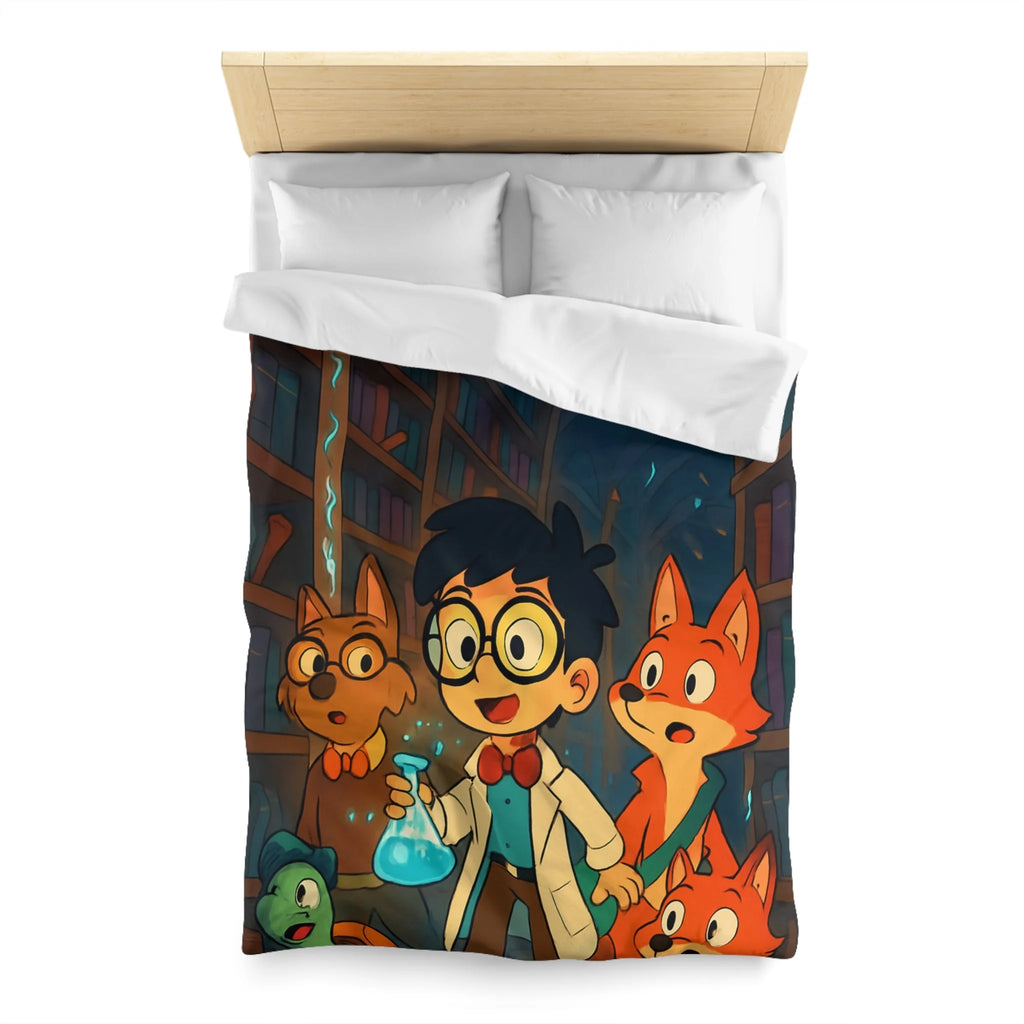 Housse de couette pour enfants avec dessin animé de bibliothèque magique et animaux curieux