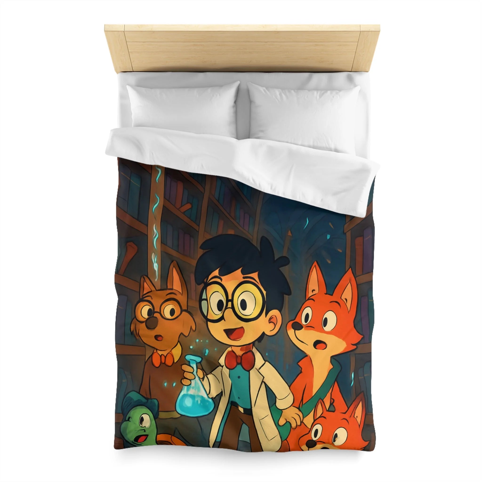 Housse de couette pour enfants avec dessin animé de bibliothèque magique et animaux curieux