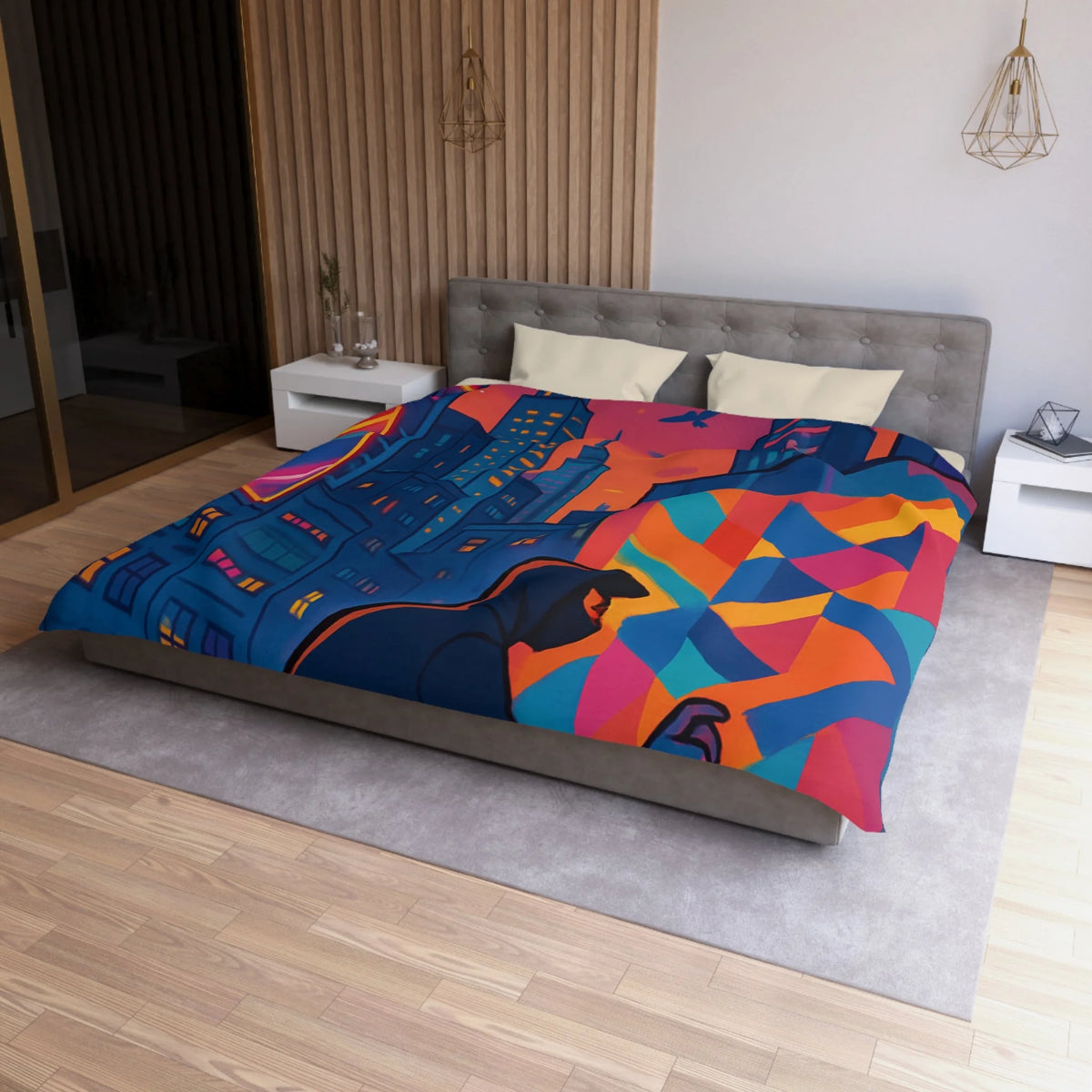 Housse de couette urbaine multicolore graffiti avec gratte-ciel et ciel crépusculaire