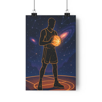 Poster sportif cosmos bleu nuit or joueur basketball galaxies étoiles moderne minimaliste dynamique chambre bureau