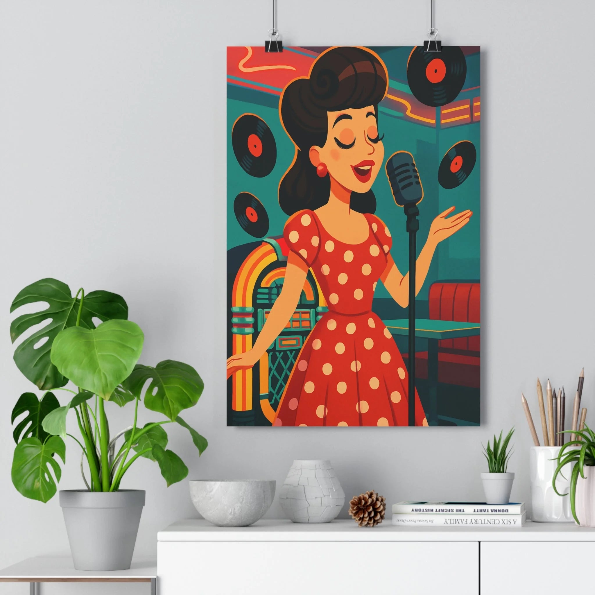 Poster décoratif vintage chanteuse rétro cartoon rouge turquoise joyeux salon chambre pop art ambiance
