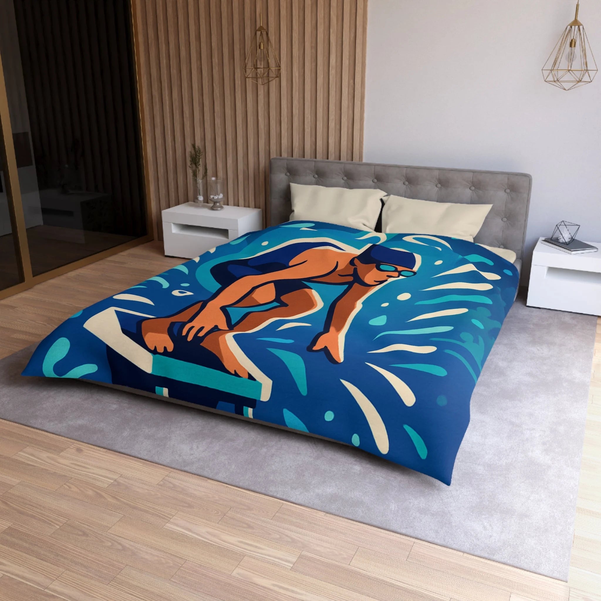 Housse de couette vibrante avec nageur prêt à plonger dans une piscine dynamique