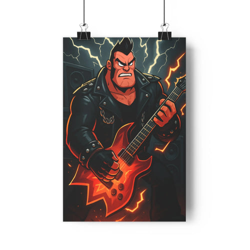 Poster épique guitariste action veste noire guitare rouge éclair bleu jaune plante verte étagère blanche livres ambiance rock intense modern