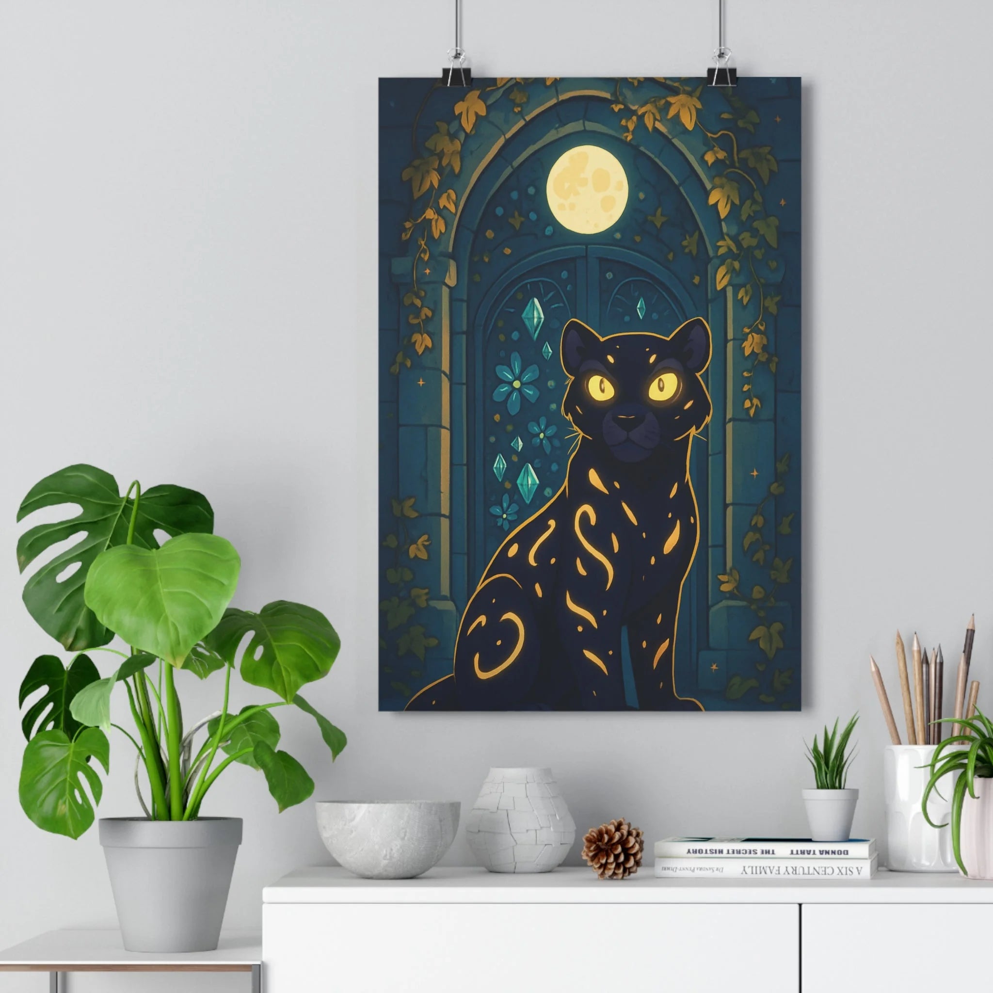 Poster décoratif féerique félin noir mystique pastel chambre salon anime ambiance enchantée charme 30x46