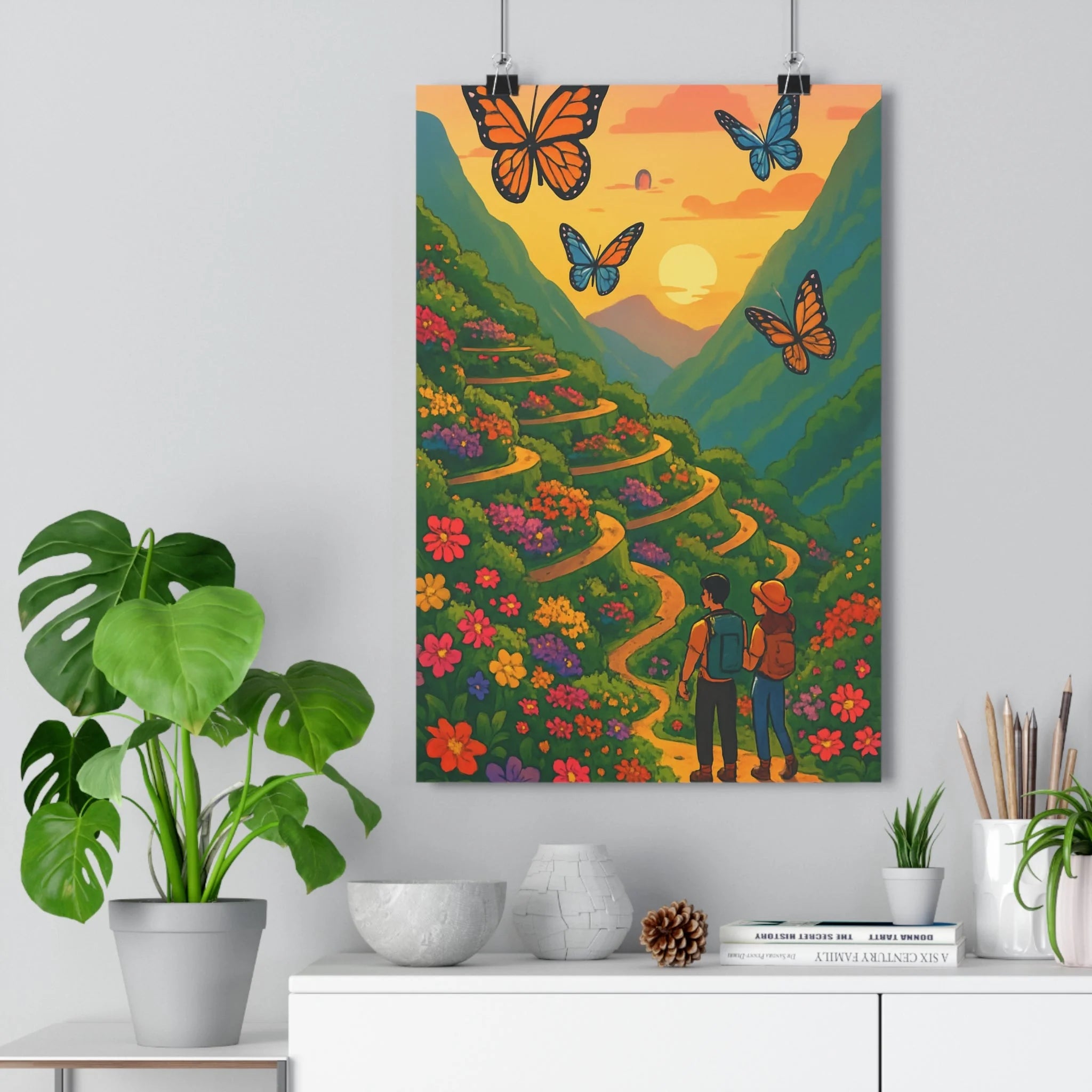 Poster décoratif paysage montagne cartoon couleurs vibrantes aventure enchantement salon chambre nature joyeux élégant
