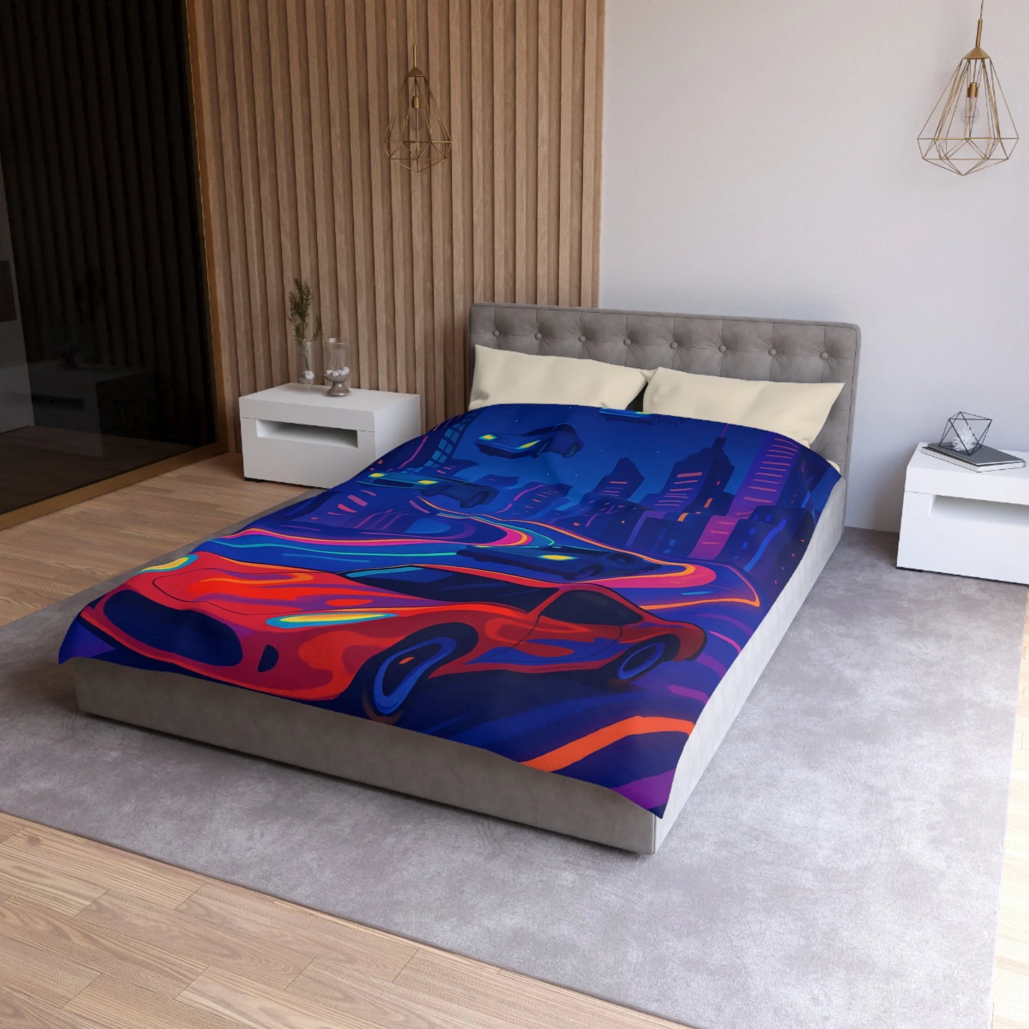 Housse de Couette Ville Futuriste avec Voiture Rouge et Lumières Néon