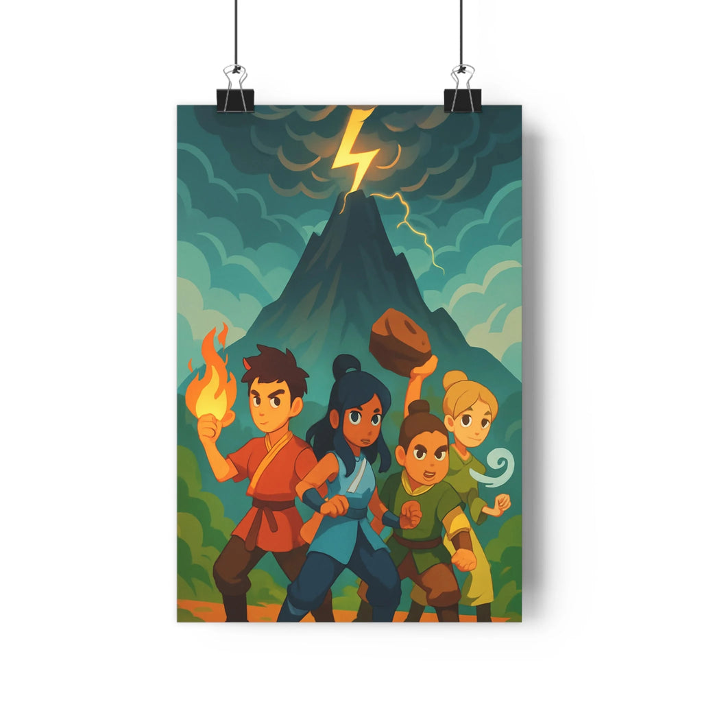 Poster décoratif épique animé rouge bleu vert volcan héros aventure chambre enfant mural vibrant