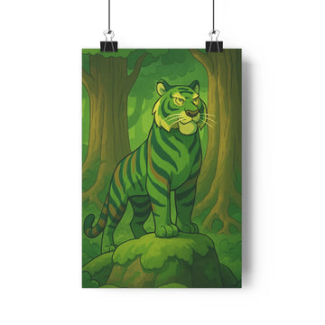 Poster tigre vert forêt ombres douces arbres feuillage naturel ambiance mystérieuse profondeur cartoon sérénité intérieur