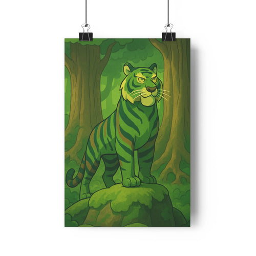 Poster tigre vert forêt ombres douces arbres feuillage naturel ambiance mystérieuse profondeur cartoon sérénité intérieur