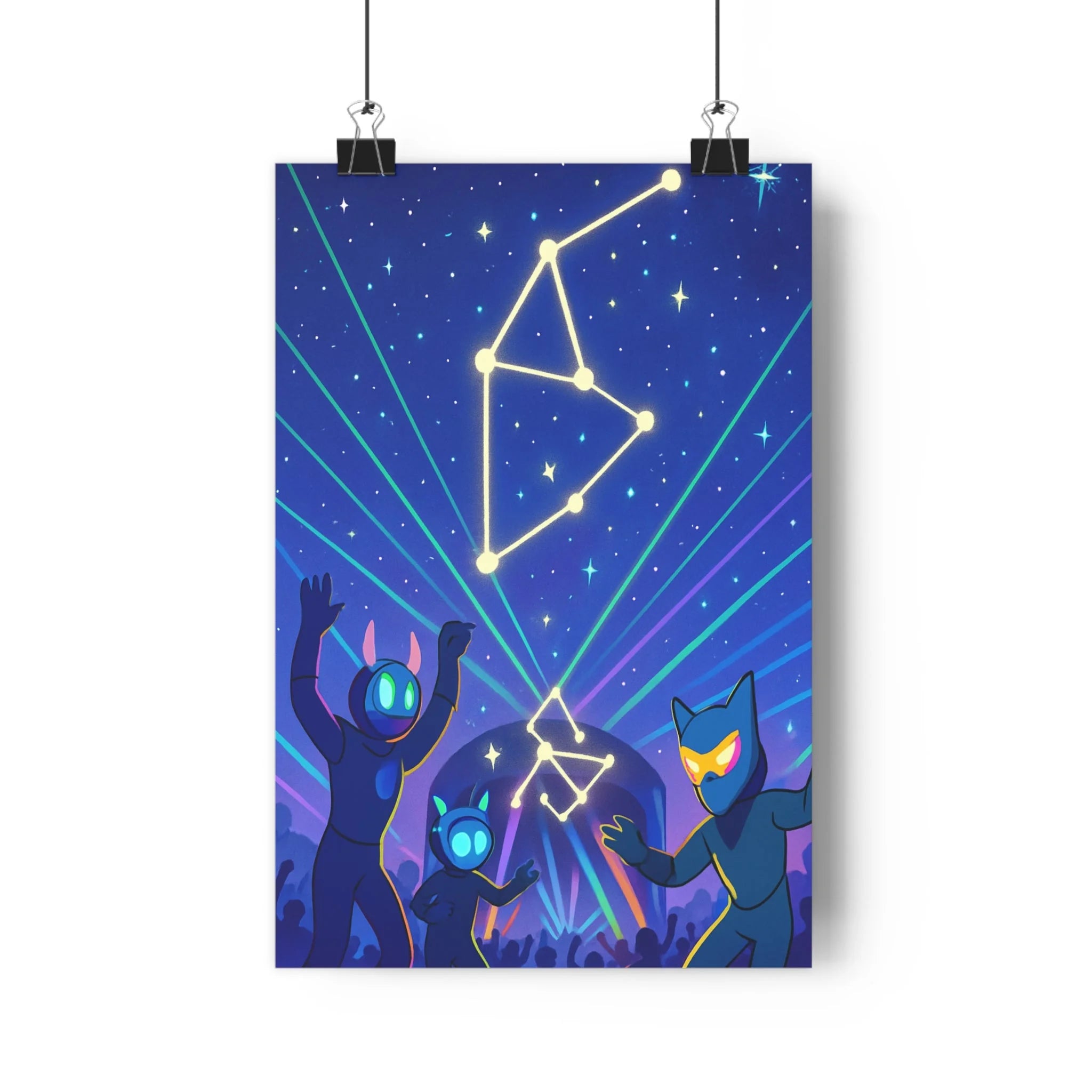 Poster décoratif futuriste bleu violet jaune animation joyeux créatif chambre sciencefiction festival personnages constellations