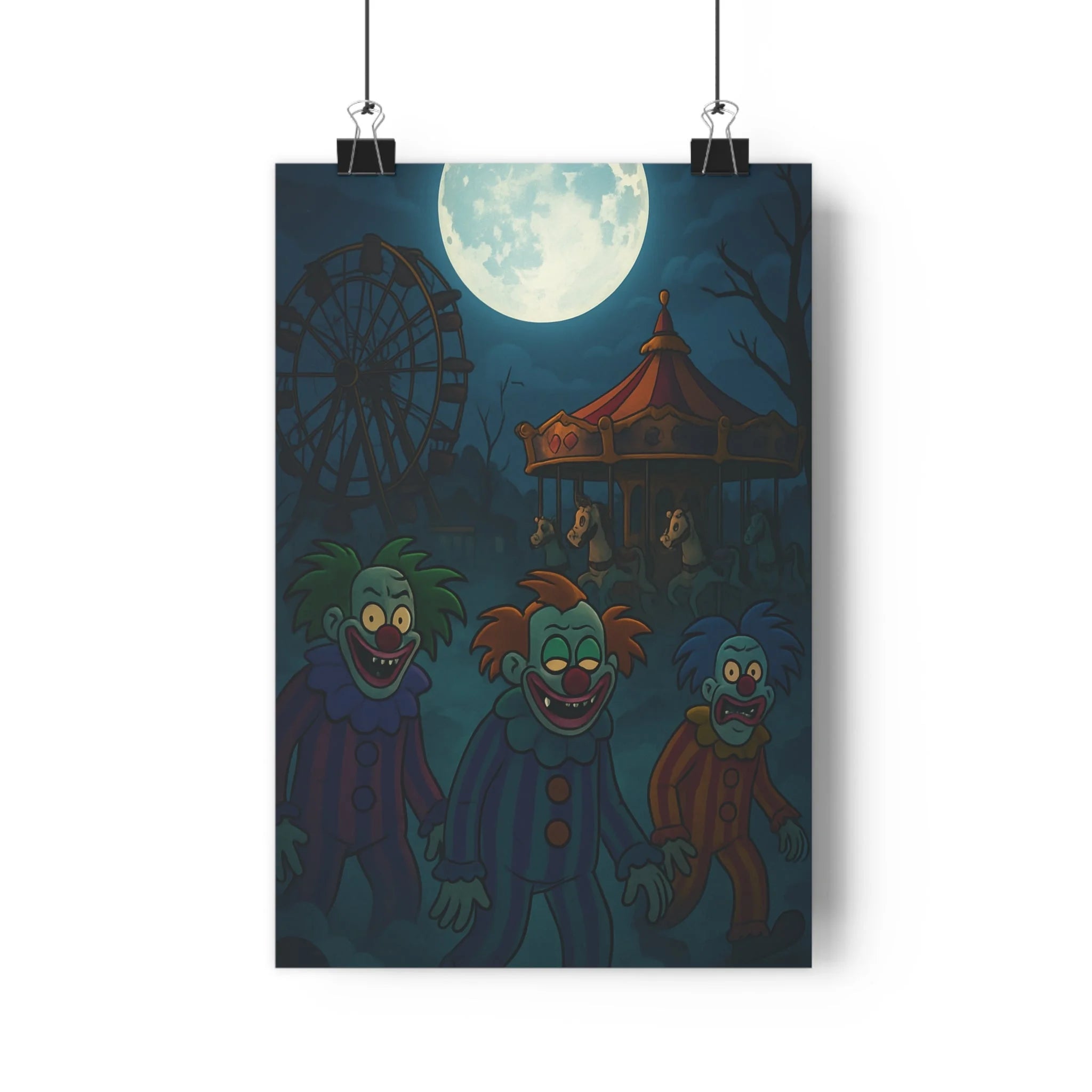 Poster décoratif animé sombre sinistre clown lune parc attractions chambre atmosphère effrayante contrastée couleurs