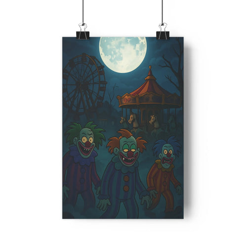 Poster clowns sinistres parc nuit grande roue kiosque à musique lune bleue ambiance halloween expressions exagérées contours nets couleurs contrastées