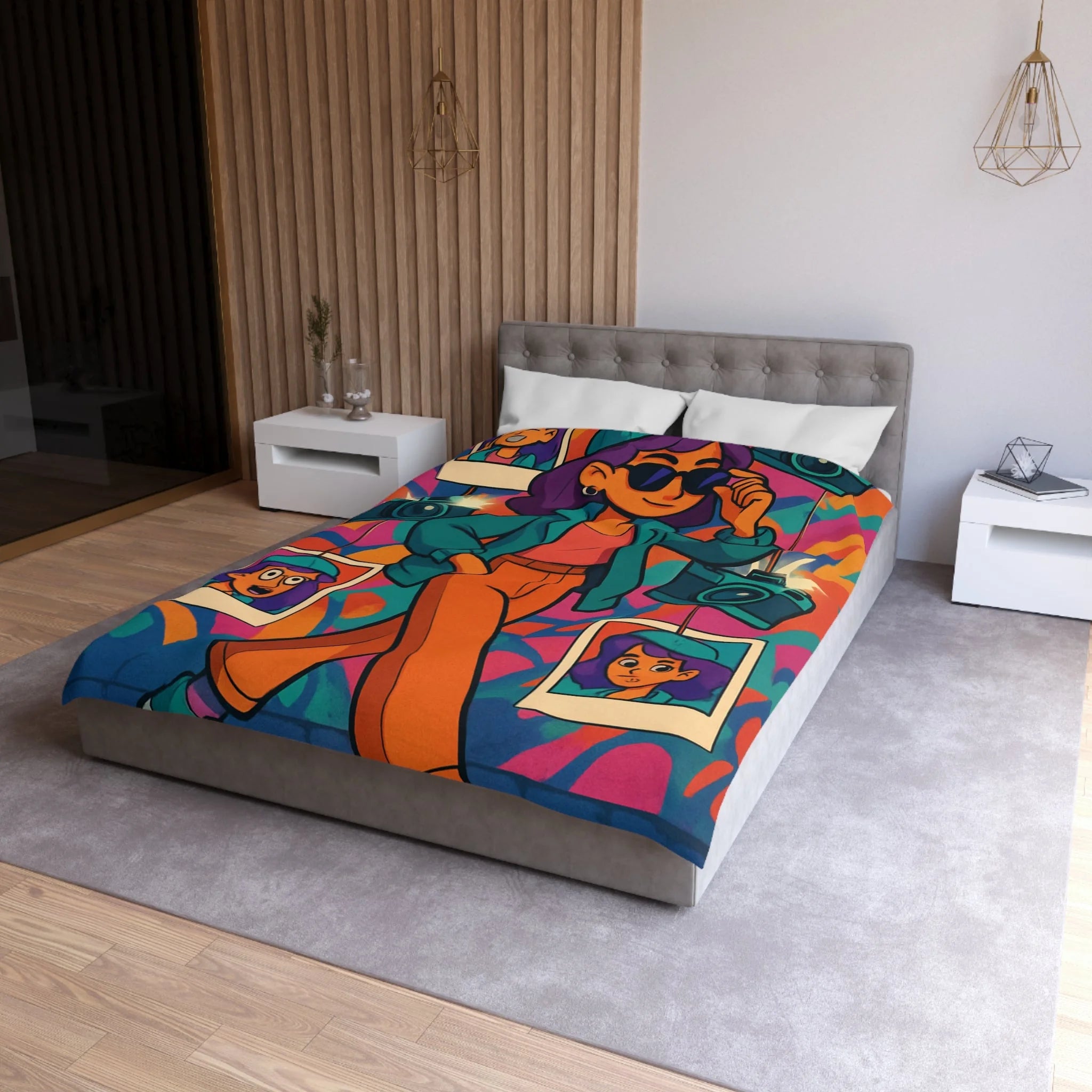 Housse de couette vivante avec personnage stylé marchant dans ambiance artistique colorée et ludique