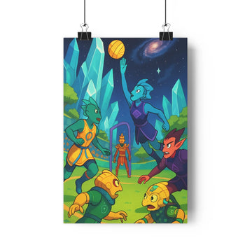 Poster extérieurs joueurs basket cristaux bleus etoiles galaxie ambiance joyeuse cartoon contours nets couleurs vives nuit fantastique salon chambre