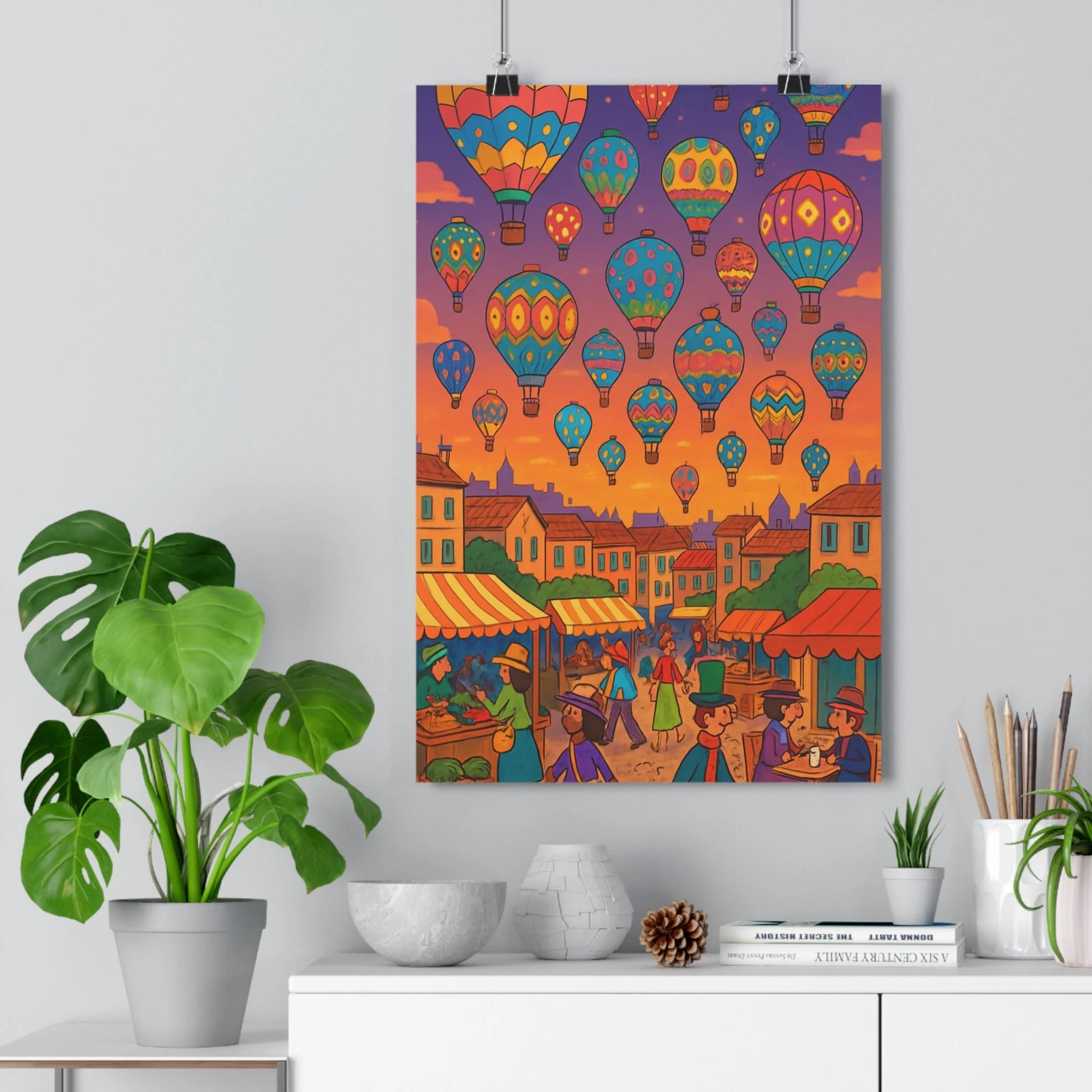 Poster décoratif coloré montgolfière orange violet rêveur fantaisie salon moderne lumineux qualité artistique ambiance