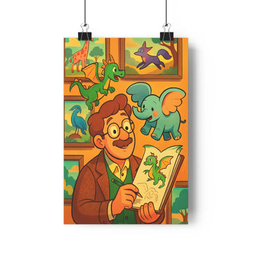 Poster artiste lunettes veste col animaux fantastiques dragons licornes atelier créatif plantes tables couleurs vives cartoon inspirant chambre enfants