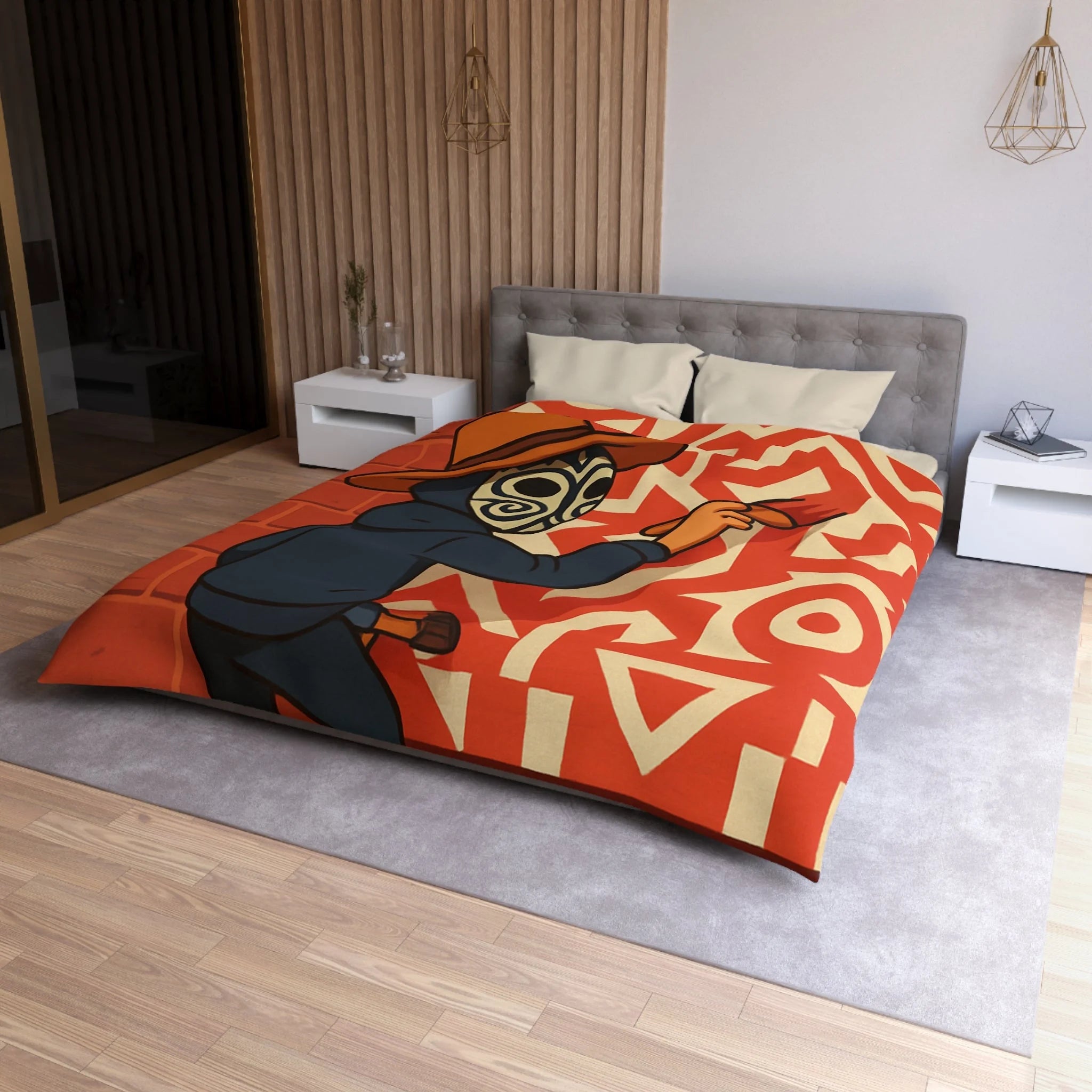 Housse de Couette Style Graffiti Masque Ethnique en Rouge et Blanc Pour Chambre Adulte