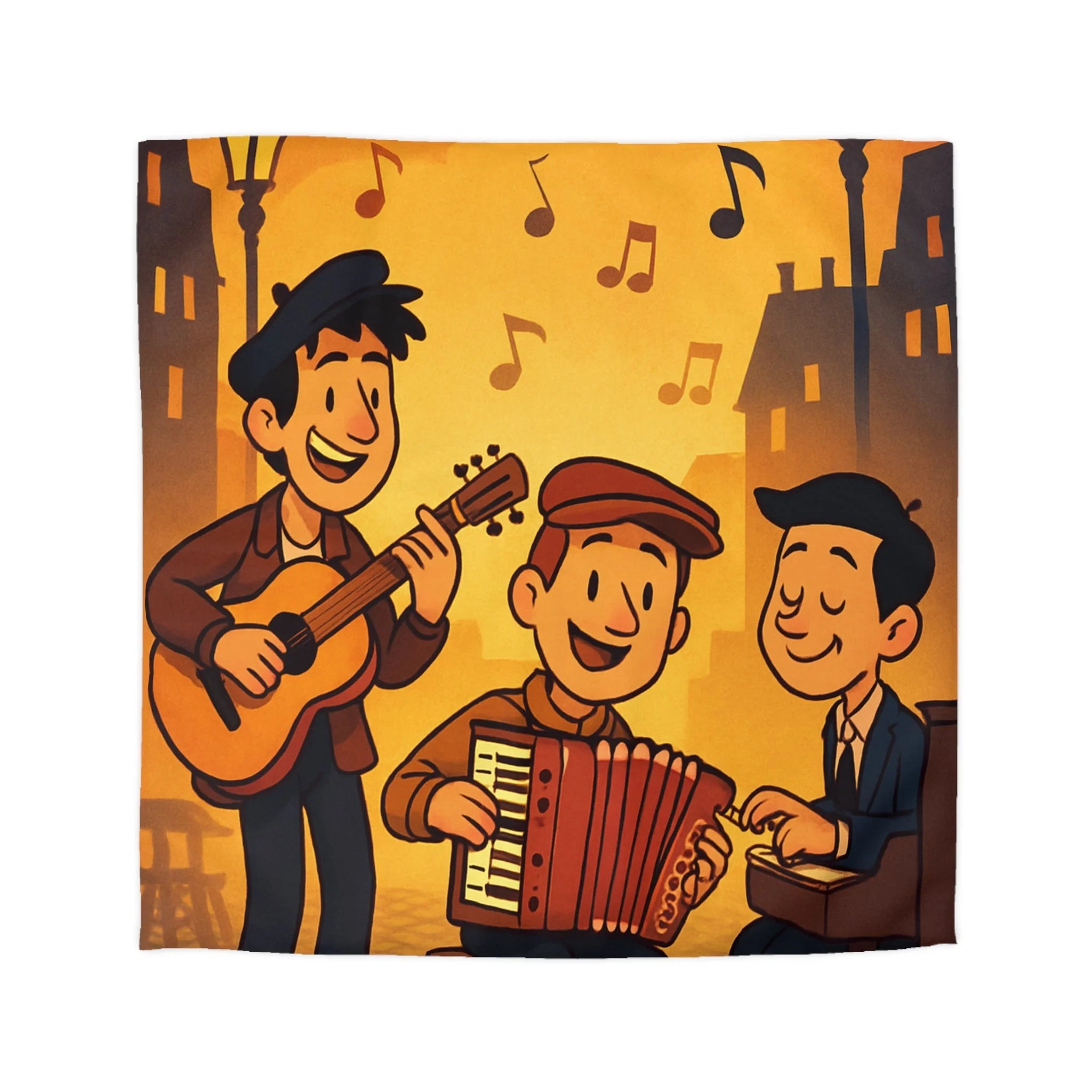 Housse de couette vintage ambiance musicale jazz avec trio de musiciens lumineux