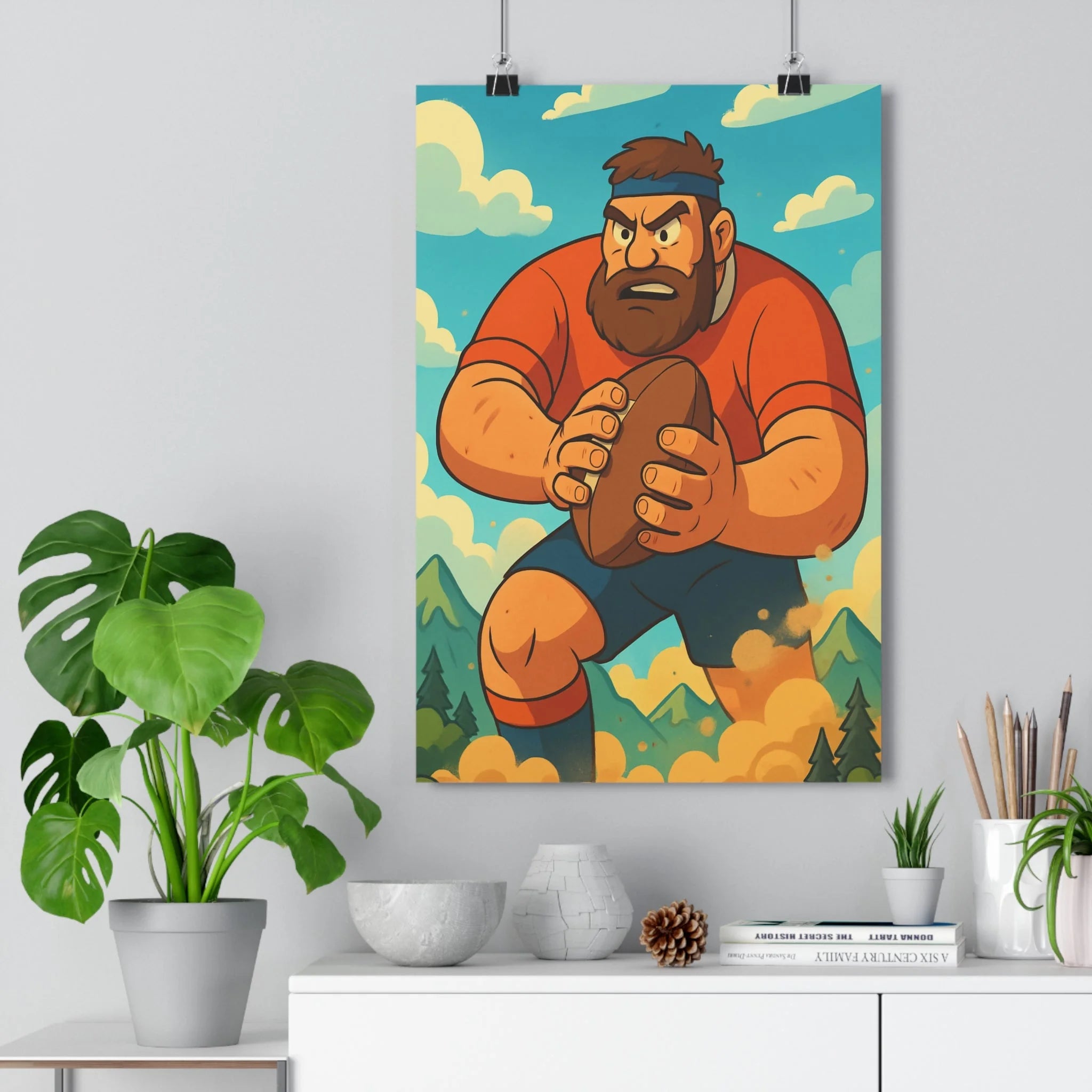 Poster décoratif cartoon mythologique bleu orange dynamique aventure salon chambre joueur rugby illustration qualité