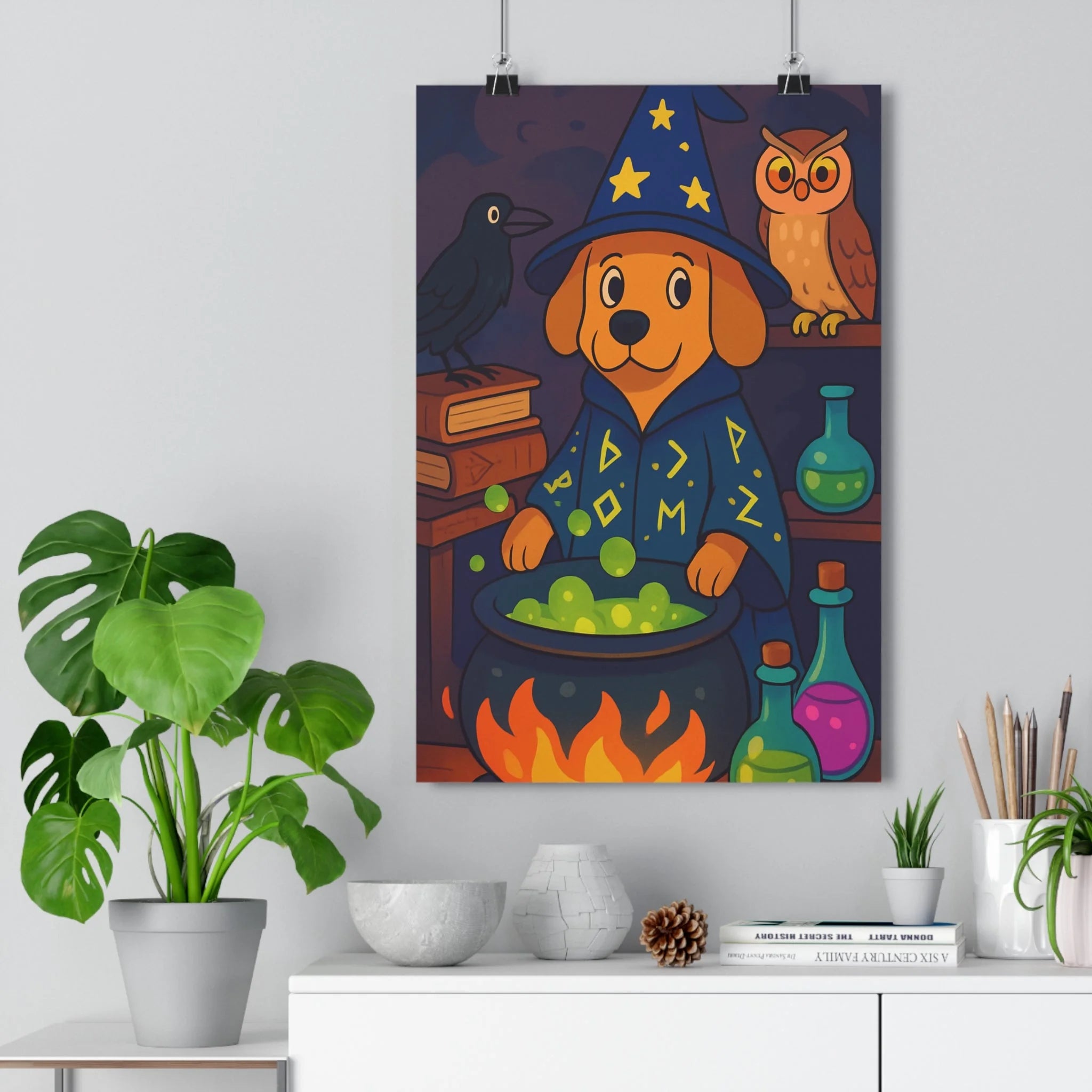Poster décoratif chien sorcier mystique cartoon vert magique enfant chambre enchanteur chaudron hibou corbeau