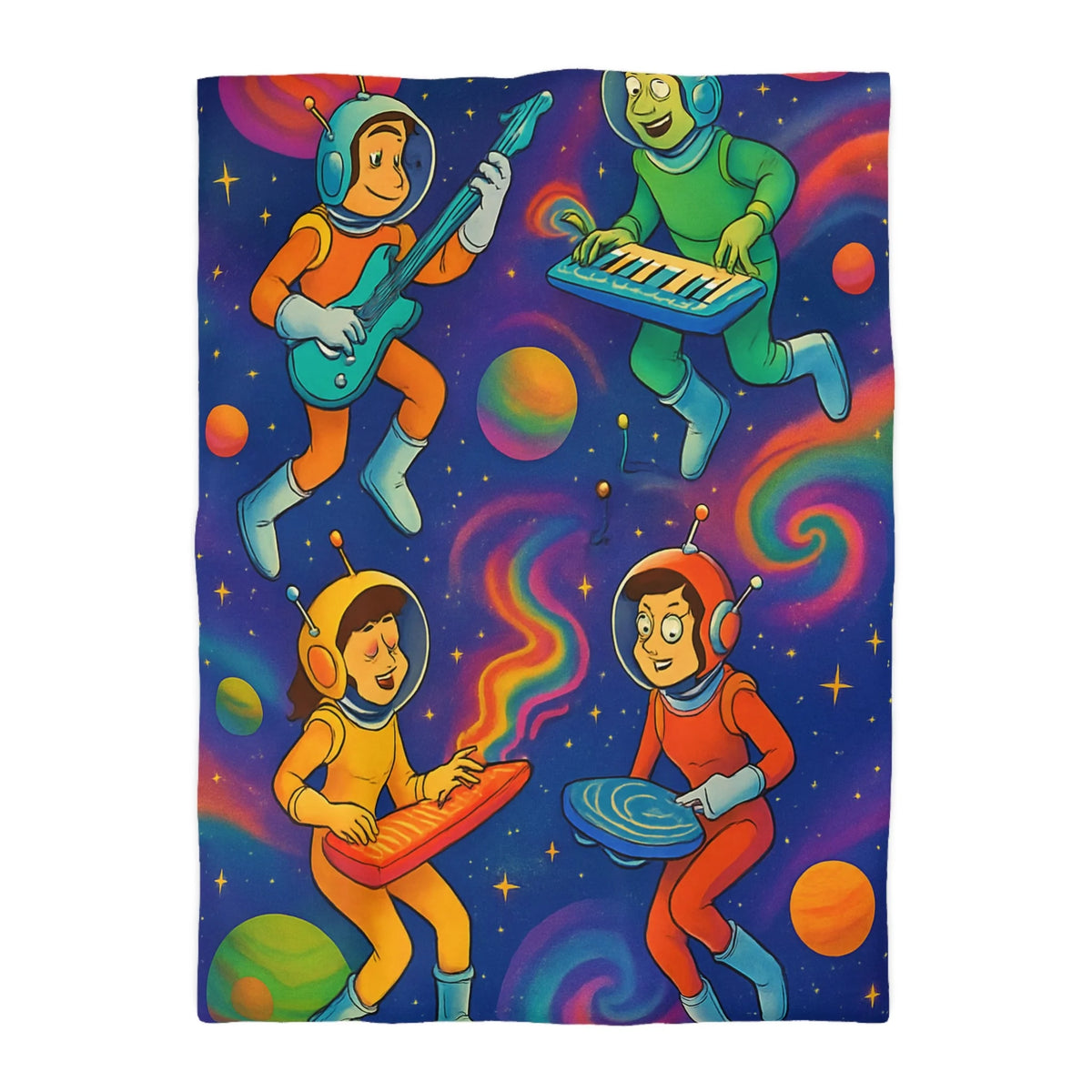 Housse de Couette Spatiale Psychédélique avec Astronautes Musiciens et Planètes Colorées